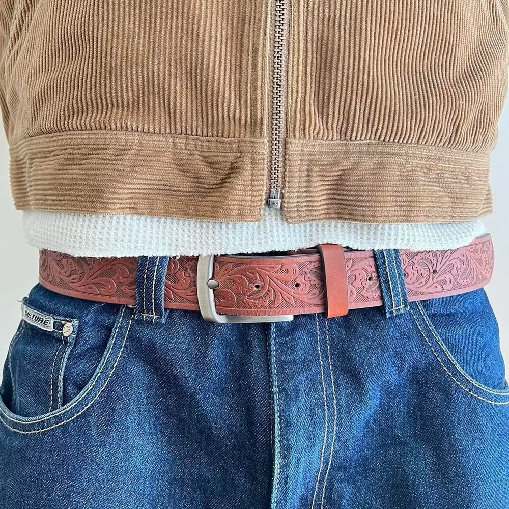 vintage style american western bike tread look grunge brown floral belt